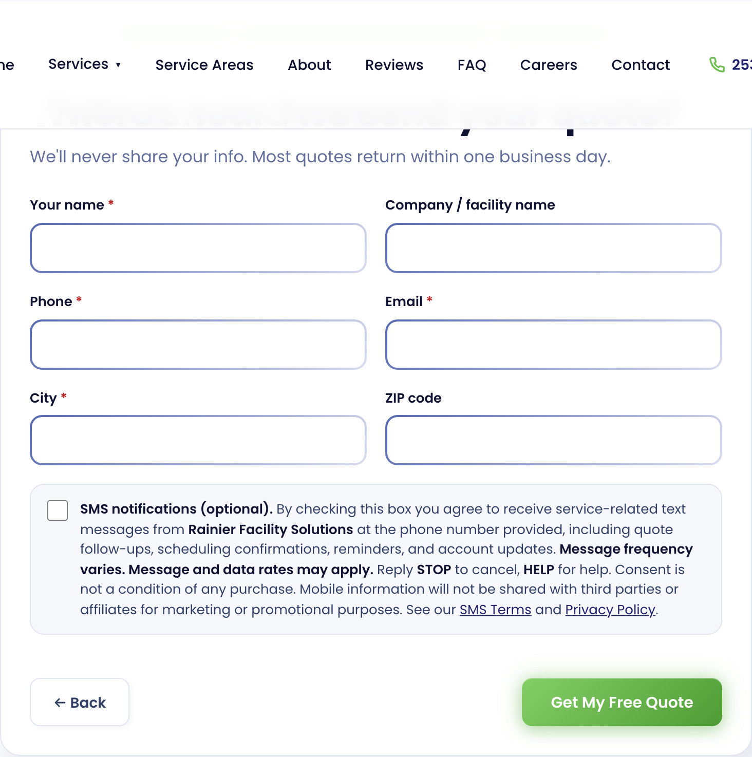 The Rainier Facility Solutions Free Quote form on Step 3 of 3, showing the Name, Company, Phone, Email, City, and ZIP fields above the unchecked SMS consent checkbox and its full disclosure text, with Back and Get My Free Quote buttons below.